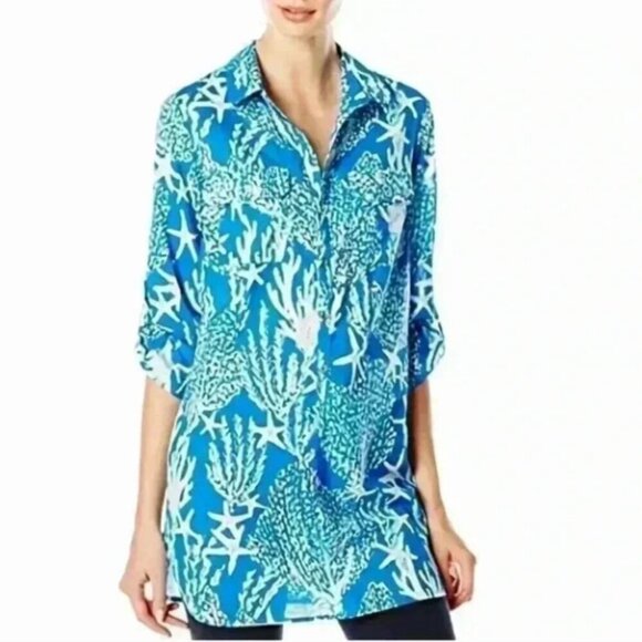 Lilly Pulitzer Captiva Tunic Brewster Blue Good Reef Starfish Tunic Top L 54519 - Picture 2 of 12